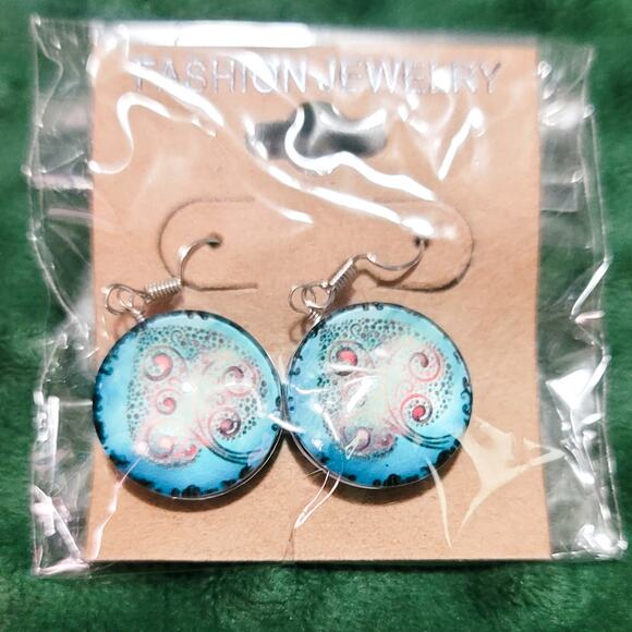 Boutique new blue double sided dome Tree of Life spade earrings - Picture 3 of 6